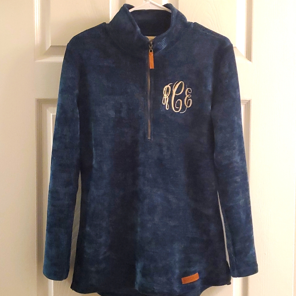 Like New Marley Lily Monogrammed Chenille Dark Teal Quarter Zip Tunic Fleece